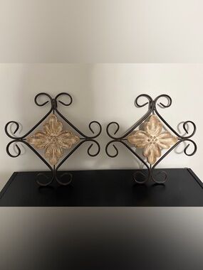 Metal Wall Accent Pair with Wooden Floral Medallions